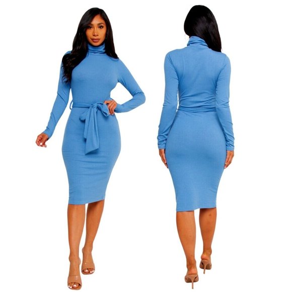 10 Ten Dresses & Skirts - Midi Dress In Denim Blue Belted Ribbed Knit